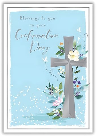 IC&G Confirmation Day Congratulations Card - Confirmation Congratulations Card for Boys with 'Blessings to You' Floral Cross and Butterfly Design with an Embossed Foil Finish