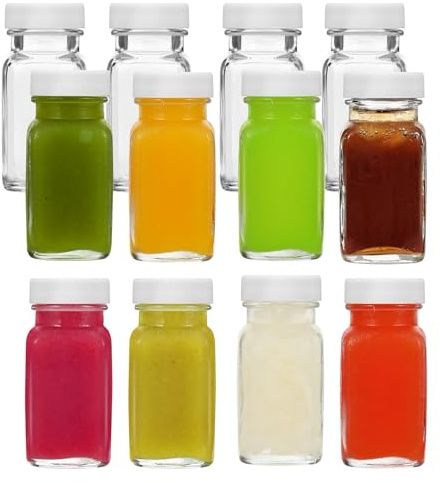 LIMILI 12 st 60 ml glasflaskor med lock, återanvändbara små klara ingefärsflaskor, bred mun läckagesäker mini för att dricka, diskmaskin- och kylskåpssäker