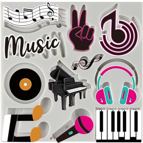 Sijiangmold Music Motif Fondant Moulds Music Notes Piano Silicone Mould Keyboard Headphones Microphone Record Candy Moulds for Cake Decoration Chocolate Cupcake Topper Polymer Clay Gum Paste