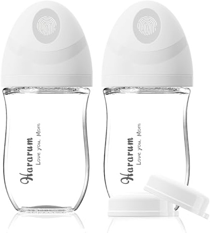 Babyflache aus Glas, Anti-Kolik Babyflaschen für Neugeborene, 0-6 Monate, mit Sauger Größe 1, Langsamer Fluss aus Silikon, 160ml, 2er Pack - Weiß