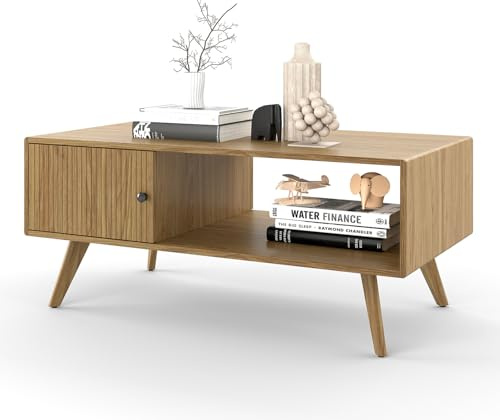 Manora Couchtisch Mid-Century 100x50x45 cm | Wohnzimmer Kaffeetisch in Holzoptik mit Schrank & offenem Fach, Massivholzfüßen, Magnetverschluss und Bodenschutz