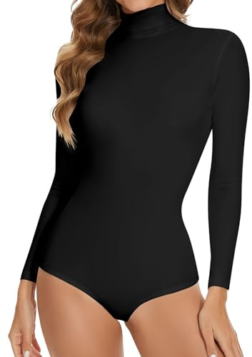 Joyshaper Women Long Sleeve Bodysuit Turtleneck Leotard Tops Body Suit High Neck Jumpsuit T-shirts Black,M