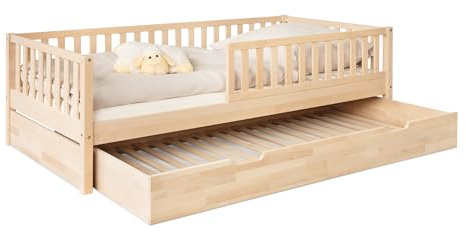 Ehrenkind® Kinderbett Buche Livo | FSC Zertifiziert | Kinderbett mit Rausfallschutz | Massivholz inkl. Lattenrost | 90x200 cm Natur mit Bettkasten | Bett 90x200 | Inkl. Rausfallschutz