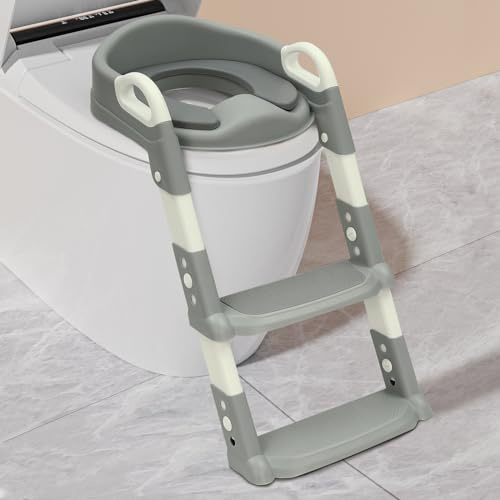 TTISJHK Kinder Toilettensitz mit Treppe abnehmbares PU-Kissen, höhenverstellbar 2–7 Jahre, klappbarer WC Sitz mit Leiter, rutschfest & sicher für V/U/O Toiletten (Grau)