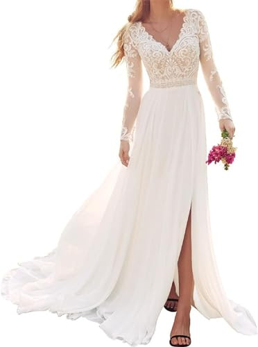 JAEDEN Boho Brautkleid Hochzeitskleider Damen Spitze Brautkleider Langarm Standesamtkleid Weiß 38