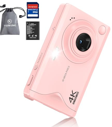 Longyi Cámara Digital 4K de 48 MP, cámara de Fotos con Tarjeta SD de 32 GB, Zoom Digital de 16X, cámara compacta de vlogging con Cable USB, Bolsa portátil para niños, Principiantes, Adolescentes y