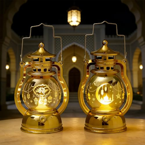 SGZIOO Ramadán Juego de 2 farolillos decorativos de Ramadán, farolillos decorativos de Ramadán, farolillos LED Eid, decoración vintage de mesa para el hogar y el jardín, lámpara para interior y