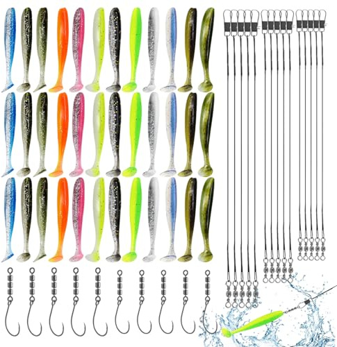 61 artículos de Aparejos de Pesca,36 señuelos de plástico Blando, 10 Cabezas plomadas, 15 líderes de Acero,(Tres tamaños con Hebilla y eslabones giratorios), para Peces de Agua Salada y Dulce