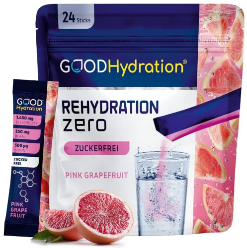 GOOD Hydration Elektrolyt Pulver OHNE ZUCKER – PINK GRAPEFRUIT – 24 Sticks | 1450mg Elektrolyte – ZUCKERFREI – plus BCAA und Biotin – Wissenschaftliche Formel für Sport Arbeit & Party – Made in Germany