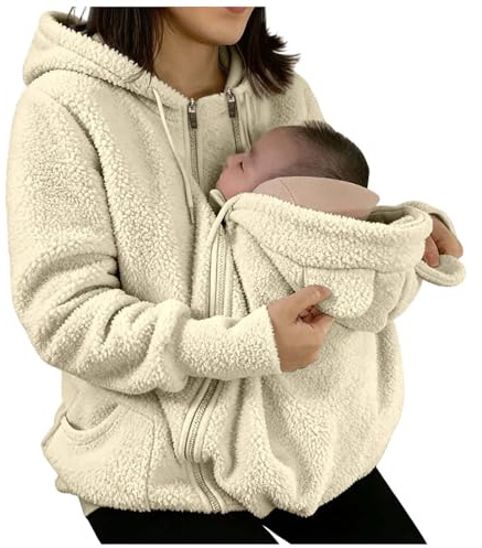 Veste de maternité d'hiver polaire avec insert amovible pour bébé, capuche et poches partagées - Manteau chaud en coton doux pour allaitement et extérieur, confortable et fonctionnel (Beige, L)