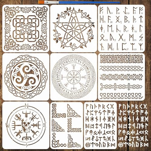 FINGERINSPIRE 9 Stück Wikinger Schablonen Mit Pinsel 2 Größen Symbole Malvorlagen Tiermotiv Wikinger Themen Vorlage Zum Bemalen von DIY Holzwänden Bodenfliesen Möbeln (20x20cm/29.7x21cm)