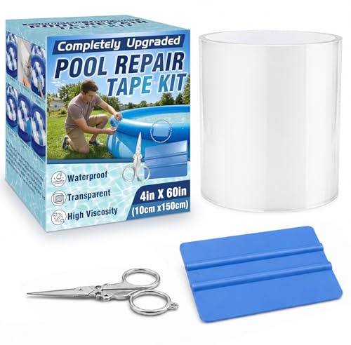 Vigorder Kit Riparazione Piscina, 10x150cm PVC Parches para Piscina, Colla Subacquea & Nastro Flessibile Trasparente, Toppe Autoadesive per Teli da Piscina, Gommoni e Materassini Gonfiabili