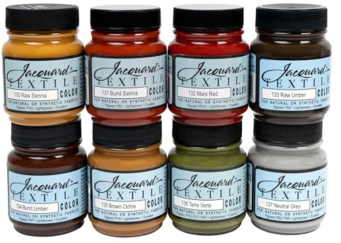 Jacquard Textile 8 Color Earth Tone Colors Set - Permanent Fabric Paint for Clothes - Furniture Upholstery, Shoes or Tote Bags – Indoor & Outdoor Fabric Paint Set - 2.25 Oz Jars, Upholstery Fabric paint