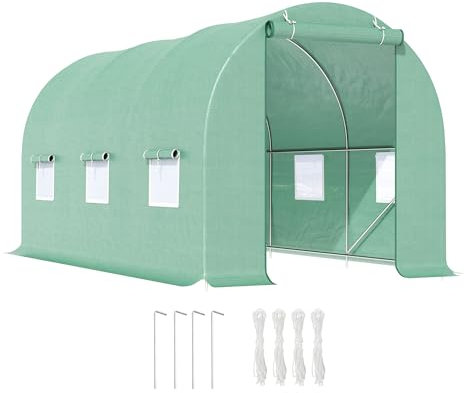 Outsunny Serra per Orto a Tunnel 4.45x2x2 m, con 6 Finestre e Porta Avvolgibile, Serra da Giardino con Tetto Arrotondato, in PE e Metallo, Verde