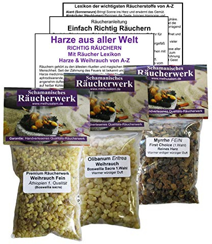 Weihrauch Fein, Olibanum Eritrea & Myrrhe Fein Räucherset 150ml (3X 50ml) – Top 3 Reine Harze zum Ausräuchern – 4-TLG. Räucherwerk Set mit Anleitung. 81670-5