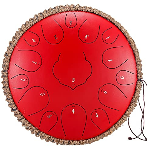 GKZJ Zungentrommel 15 Tone 12.5 Zoll,Stahl-Zungentrommel Hand Pan Schlagzeug Instrument mit Trommelschlägeln Note Sticks Musikbuch,Für Meditation Yoga Musiktherapie,Cinnabar red