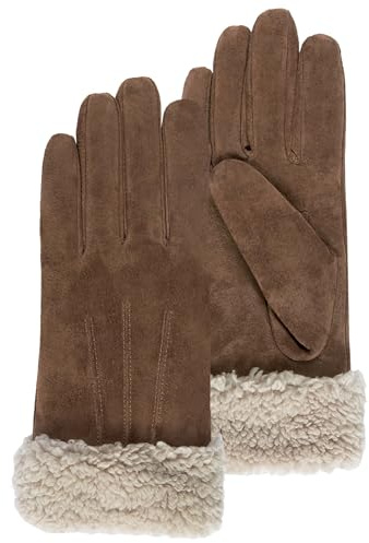 Isotoner Gants femme en cuir, doublés imitation fourrure, élégants, M, cognac