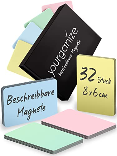 YOURGANIZE® 32 beschreibbare Magnete - 8 x 6 cm (Größe L), 4 Farben - Whiteboard Magnete - Magnetetiketten für Kühlschrank, Whiteboard, Scrum & Kanban Board