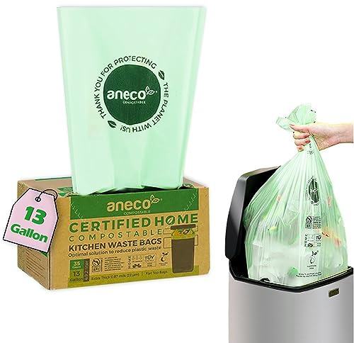 ANECO 100% Compostable Food Waste Bags 13 Gallon, 35 Count, Extra Thick Kitchen Compost Bags, Large Compostable Bags for Tall Kitchen Bin (Pack of 1)