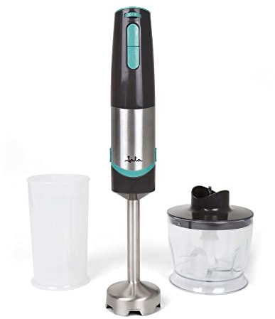 JATA JEBT1790 - Batidora de mano con picadora y vaso de 500 ml. Doble cuchilla de acero inoxidable. Pie de acero inoxidable desmontable. Función turbo. Antisalpicaduras. 800 W