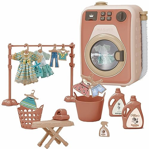 Sobebear 18pcs Washing Machine Kids Toy with Drum Rotation, Water Injection, Roller Washing Machine, Light and Sound, Laundry Room Accessories, Educational Fun Learning Toy for Girls, Ages 3+