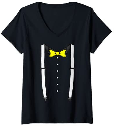 Damen Gelbe Fliege Hosenträger Kummerbund Smoking Fliege T-Shirt mit V-Ausschnitt