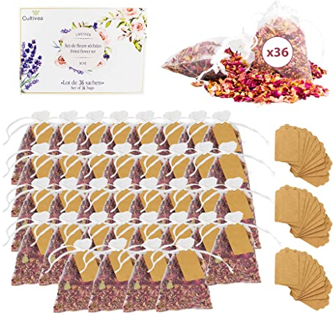 Cultivea® bolsitas de Flores secas y pétalos de Lavanda - Rosa y Lavanda - Decoración, San Valentín, cumpleaños, Boda, Bautizo, Pot pourri - Biodegradable, Desodorante, Natural, aromático (36 Rosas)