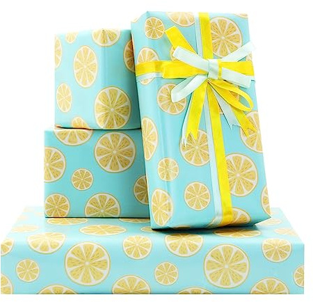 Zitronen-Geschenkpapier mit Schleife, fruchtiges Design Geschenkpapier für Sommer Thema Geburtstag, Aloha Luau Pool Beach Party, Urlaub, Hawaii Tropische Motto-Party, 4 Blatt flach gefaltet 51x74 cm