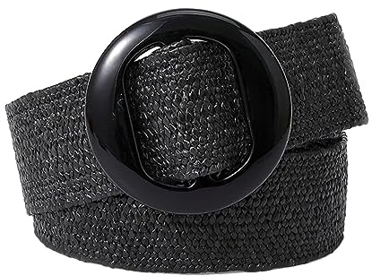 KONGNY Vintage Stroh geflochtener Gürtel für Frauen PP Stroh gewebter elastischer Taillengürtel Riemen Sommer Boho Kleid Hemd Dekoration breiter Bund, Schwarz