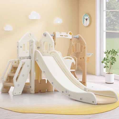 5 in 1 Kinderrutsche Indoor und Outdoor für ab 3-6 Jahr, Kinder Spielplatz mit Rutsche, Klettern, Stauraum, Schaukel und Basketballrahmen, Kleinkinderrutsche Babyrutsche Gartenrutsche (Braun)