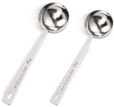 2 Stück 15ml + 30ml Edelstahl Kaffeelöffel, Kaffeedosierlöffel, Kaffeelöffel Portionierer, Kaffeelöffel mit Langem Griff, Zum Abmessen trockener und flüssiger Zutaten, Kaffeesatz, Bohnen, Gewürze