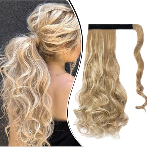 Dcbaboo Pferdeschwanz Haarteil Zopf Extensions Gewellt Lang 50cm Gewickelt Ponytail Extension Haarverlängerung Zopf Clip Synthetik Locken Pferdeschwanz Extension Wellige, Sandy Blonde & Bleichblond