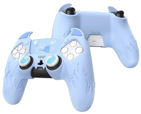 PlayVital Cute Demon Controller Silicone Case for ps5, Kawaii Controller Cover Gamepad Skin Protector for ps5 with Touch Pad Sticker & Thumb Grip Caps - Blue