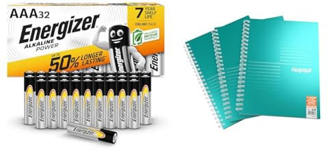Energizer AAA Batteries, Alkaline Power, Triple A Battery Pack, 32 Pack (Packaging May Vary) & Silvine Luxpad Metallic A4+ FSC Wirebound Notebook - Lined (200 Pages) Pack of 3