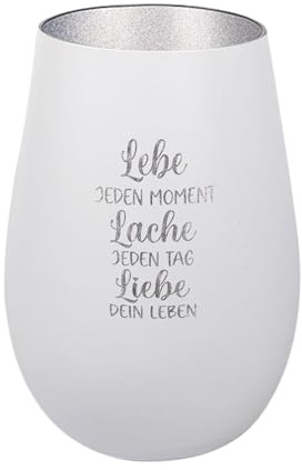 Der-Porzellan-Laden Windlicht mit Gravur Lebe jeden Moment Lache jeden Tag, Weiß Silber, Teelichthalter aus Glas mit Spruch, Tischdeko modern