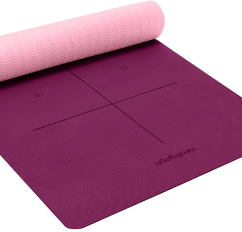 Heathyoga Yoga Mat Non Slip TPE Pilates Exercise Mats for Home Workout Gym Fitness Eco Friendly Thick Hot Yoga Mat with Strap Body Alignment,72x 26 Thickness 1/4