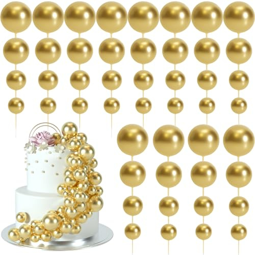 BOUBONI 48 Pz Palline Cake Topper Decorazioni Schiuma Cupcake Topper Palline Decorazioni per Torta Compleanno per Feste di Compleanno Matrimonio Anniversario (Oro)