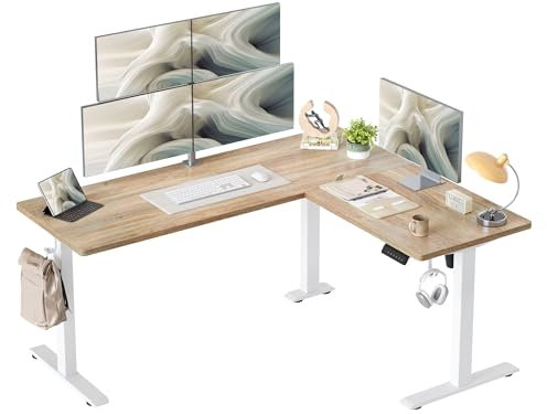 TIQLAB L Shaped Standing Desk Adjustable Height, Reversible Electric Corner Standing Desk, 63 x 55 inch Sit Stand Computer Table with Splice Board, Maple
