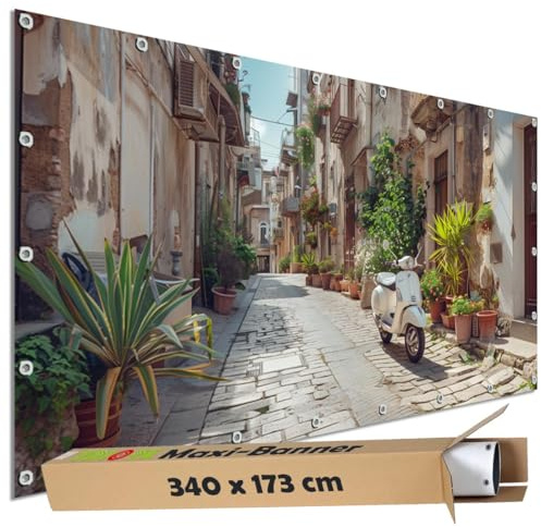 TRIOSK Sichtschutz Garten Dekoration Plane groß mit Motiv Gasse Mediterran Italien Roller Motivbanner Blickdicht für Terrasse Zaun Gartenzaun Gartenposter PVC Zaunblende 340x173 cm