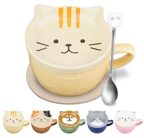 Simpatiche Tazze in Ceramica per Gatti Con Coperchio, Tazze da Caffè e Tè Set, Animali Colazione Tazza in Porcellana, Tazze di Natale per Amanti Dei Gatti, Ragazzi, Donne, Amici, Ufficio(Giallo)