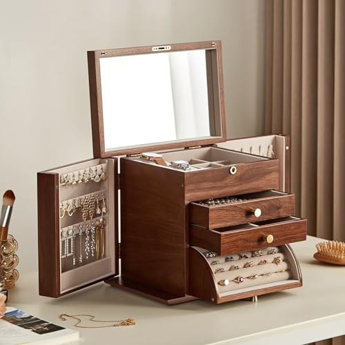 Homruilink Black Walnut Wooden Jewelry Box, Wood Jewelry Organizer with 2 Side Doors Mirror Lockable Classical for Watch Necklace Ring Earring Gifts-4 Layer with Curved Ring Grooves