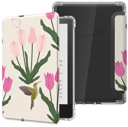 MoKo Hülle für 6 Kindle Basic 11. Generation (2024/2022), Tulpe | Ultraklar Weich Flexibel Transparent TPU Rückseite Leicht Schutzhülle mit Auto Schlaf/Aufwach für Kindle 2024