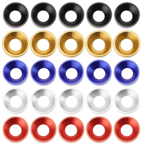 SG Store 25 Stück M8 X 18 X 5 Mm Senkkopf-Unterlegscheiben Aluminiumlegierung Bunte Dichtungen Enthält Je 5 Stück In Schwarz/Rot/Blau/Silber/Gold für Automöbel-Schraubenzubehör