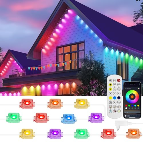 Permanente Außenbeleuchtung, 15M 30 Led Smart RGB IC Außenleuchten mit 72 Szenenmodi, IP67 wasserdicht Lichterkette außen, Arbeit mit APP und Fernsteuerung für Feste im Innen- und Außen, Feiertag