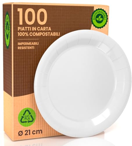 100 Piatti in Bioplastica 100% Ecologici - Diametro 21cm - Rigidi e Ultra Resistenti in PLA con Superficie Liscia - Compostabili e Biodegradabili - Per Barbecue, Feste e Picnic – Bianco