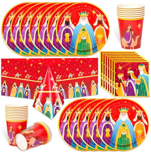 HOWAF Decoracion Navidad Reyes Magos, Vajilla, Mantel, Plato Llano, Servilleta Papel, Vaso Cartón para Decoracion Mesa Navidad Reyes Magos, Decoración Navideña