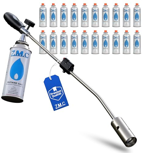 Z.M.C Unkrautbrenner 2,5 kW + 20x Gaskartuschen 227g | Piezo-Zündung & stufenlose Flammenregelung | Abflammgerät bis 1400 °C | Unkrautvernichter für Garten, Gehweg & Einfahrt