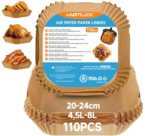 110 Stück 20-24cm Backpapier für Heißluftfritteuse, Airfryer Backpapier kompatibel mit COSORI, Philips, Cecotec, Antihaft Wasserdicht Ölfest Einwegschalen Luftfritteuse Liner