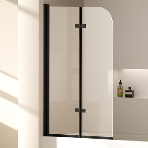 EMKE Panel de ducha para bañera 100x140 cm, marco negro, mampara de bañera plegable de 2 partes, panel de bañera de vidrio de seguridad de 6 mm, separación de ducha para bañera, fácil de limpiar