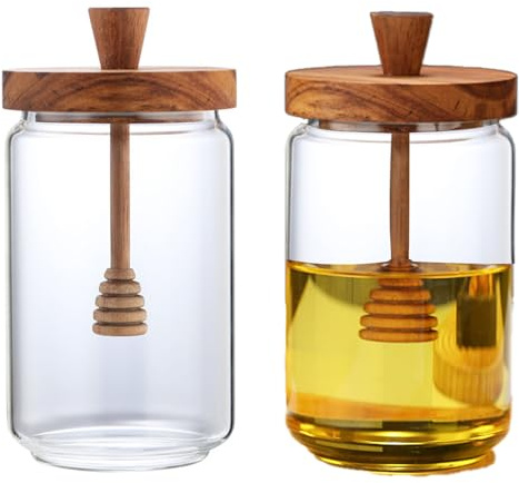 YouXiaor Honigspender, Glas Honigspender Honigglas mit Deckel Honiggläser mit Löffel Honigvorratsglas Honig Glas Honigtopf Löffel und Holz Deckel Honey Jar Honigbehälter zur Aufbewahrung